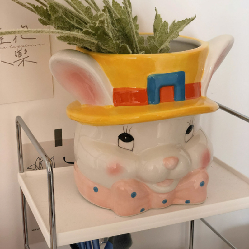 可定制 兔子收纳罐陶瓷卡通笔筒 花盆家居装饰厨房收纳筷子筒摆件