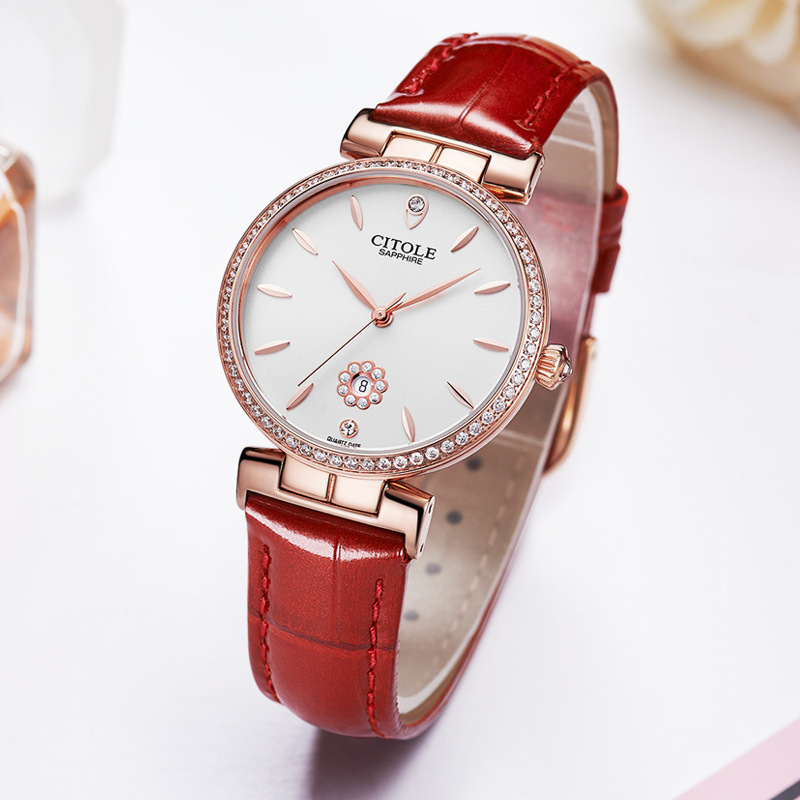Waterproof leather belts for a girl with a brand name on her watch.
