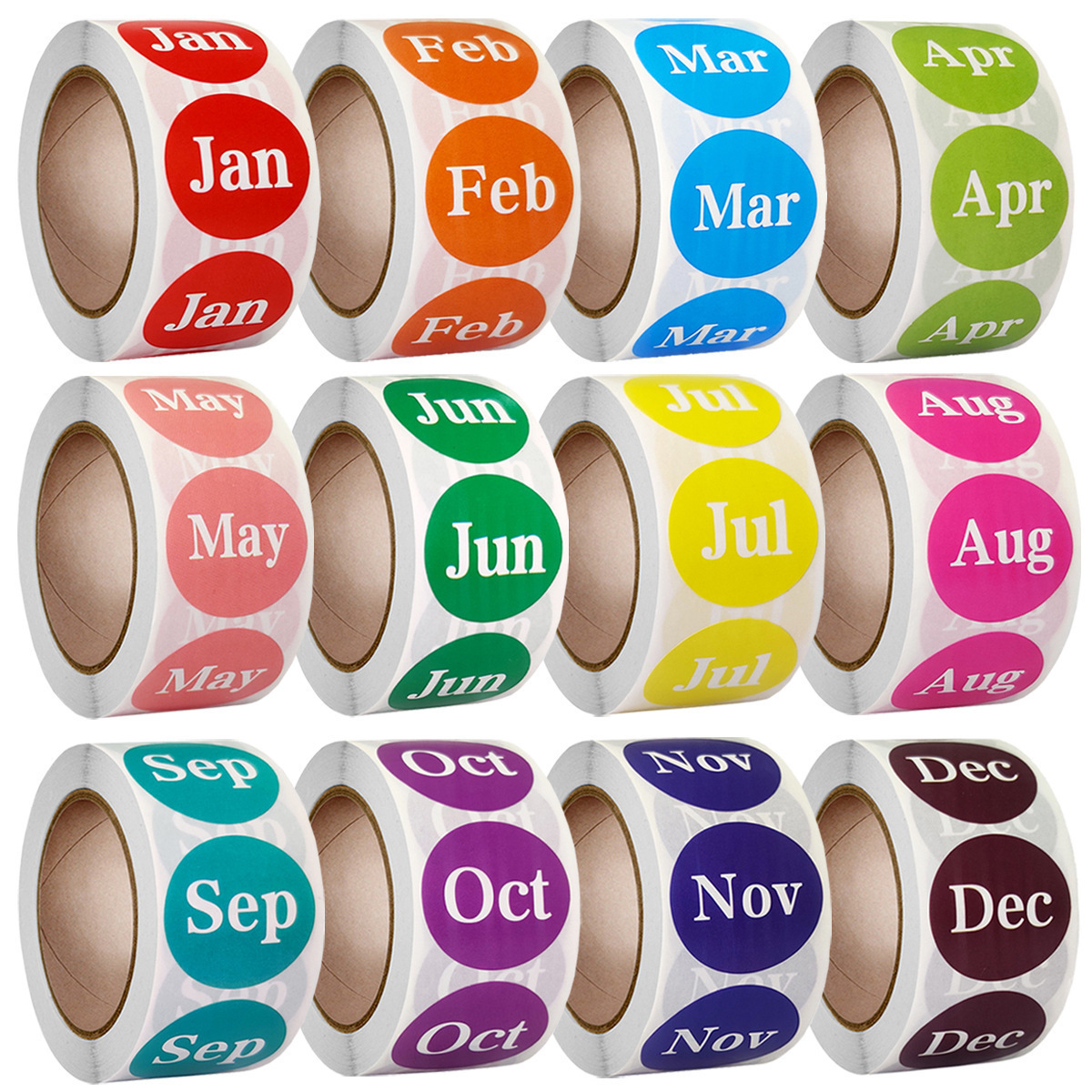 1 inch của nhãn tháng tiếng Anh tròn và 500 nhãn cho phân loại tháng Jan-Dec