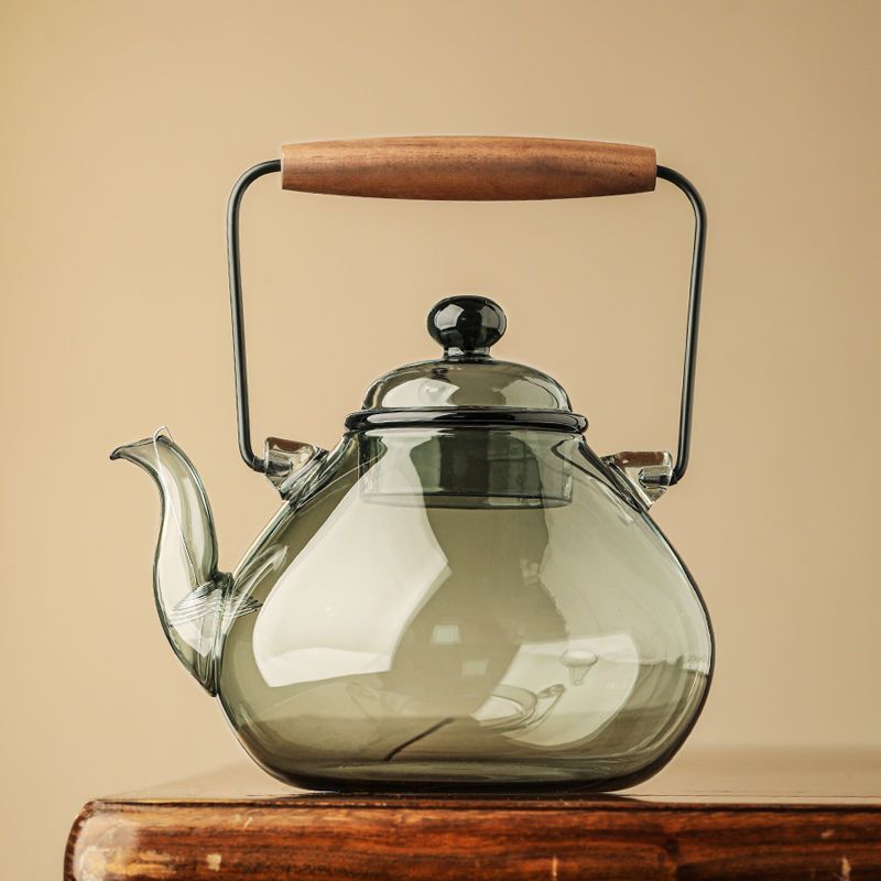 新款青蓴灰色玻璃圍爐煮茶壺復古  耐高溫提樑燒水壺大容量