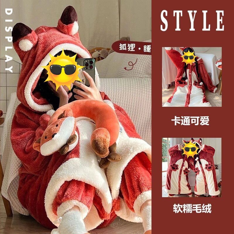 Con cáo cái mùa đông san hô với tấm vải nhung mới 2023 để hâm nóng món pyjama bằng vải lanh.