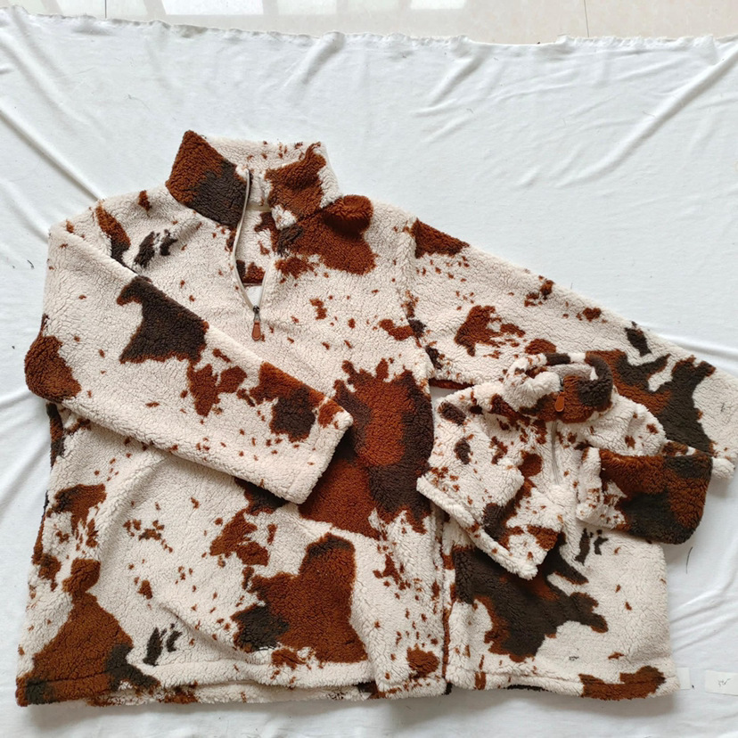 北美冬季熱賣奶牛棉花絨親子外套mommy&me cow print sherpa pull