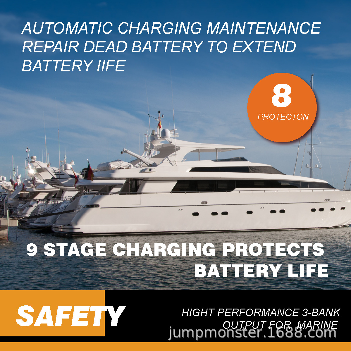 Three-way output of 12V battery chargers.