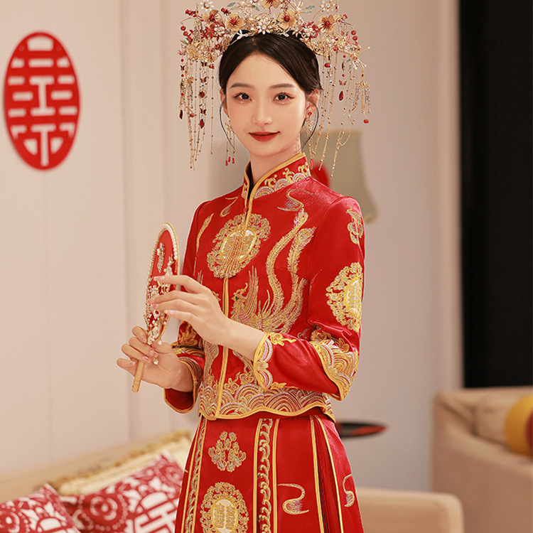 婚紗2023新款秀禾服敬酒服婚紗禮服百褶裙小禮服829款