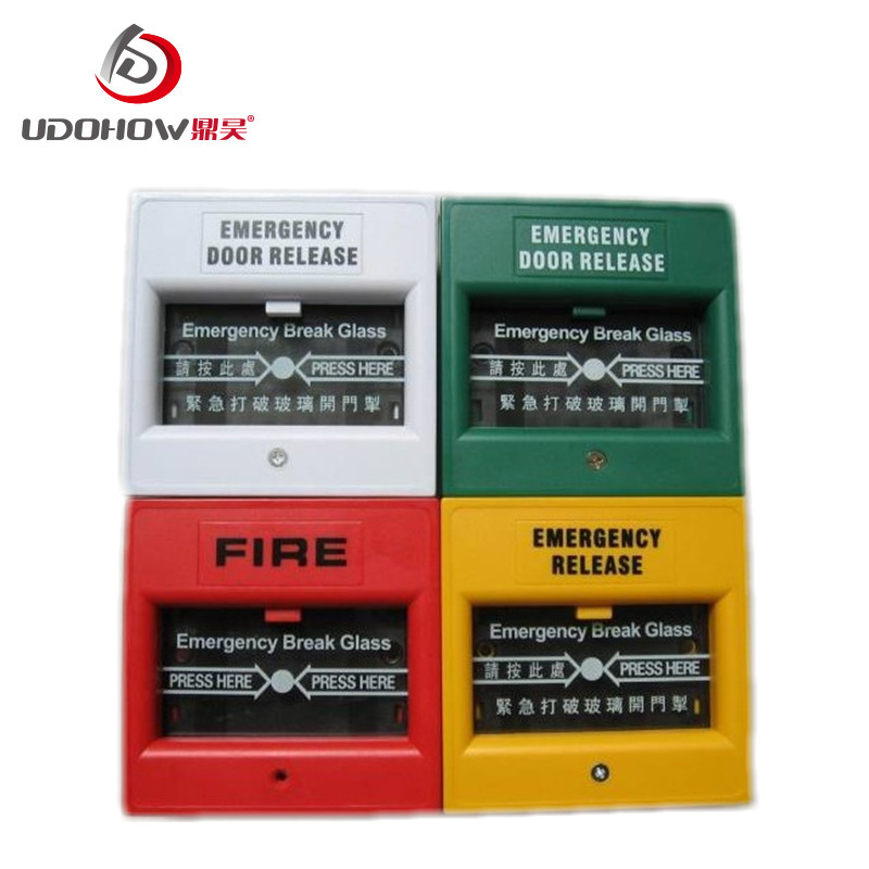 White fire alarm button. Break glass alarm button. Emergency switch.