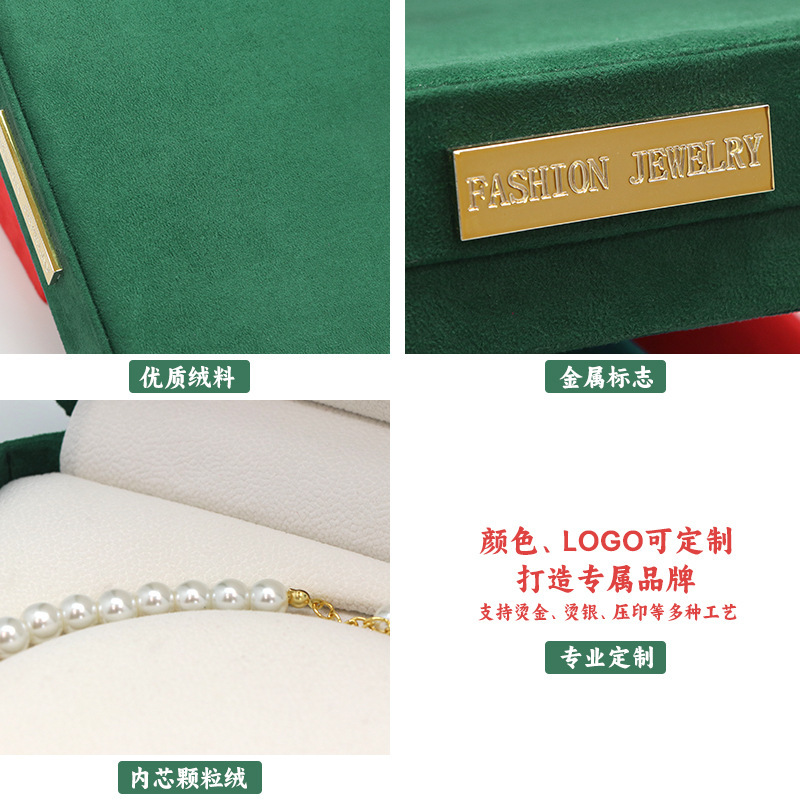 A new, original, eight-point jewels jewelry box displaying high-quality green pearl necklace gift box velvet.