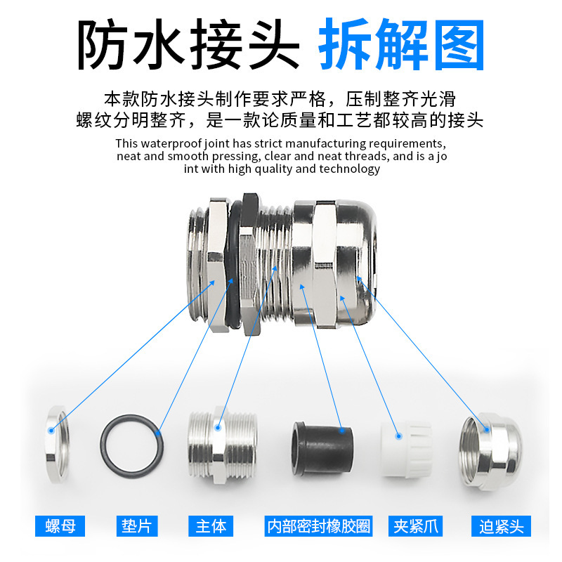 304不锈钢M型金属防水接头密封电缆接头葛兰头IP68固定防水接头