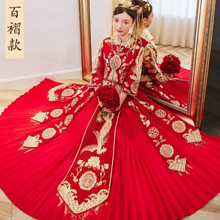 婚紗2023新款秀禾服敬酒服婚紗禮服百褶裙小禮服808款