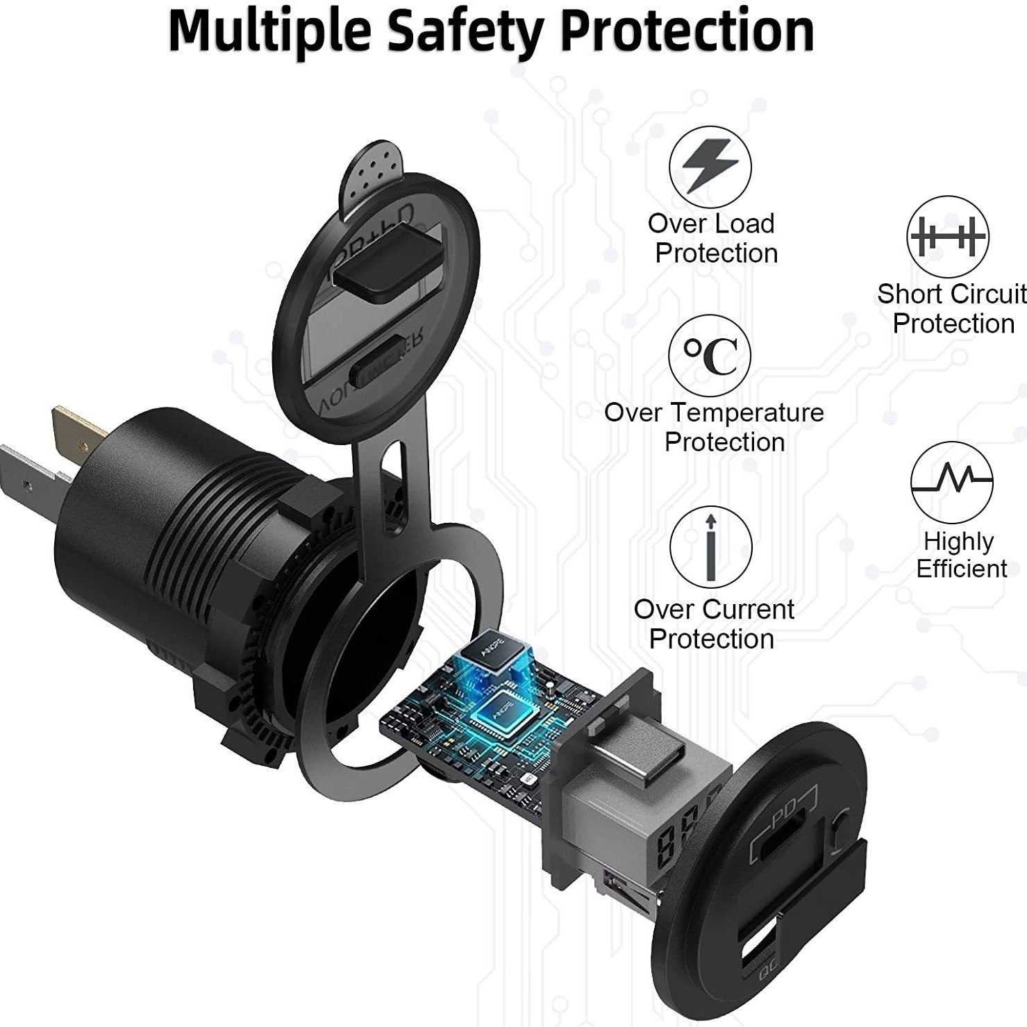 USB C Loader Plug, 36W PD3.0 USB voltage table with switch 12V-24V blue light