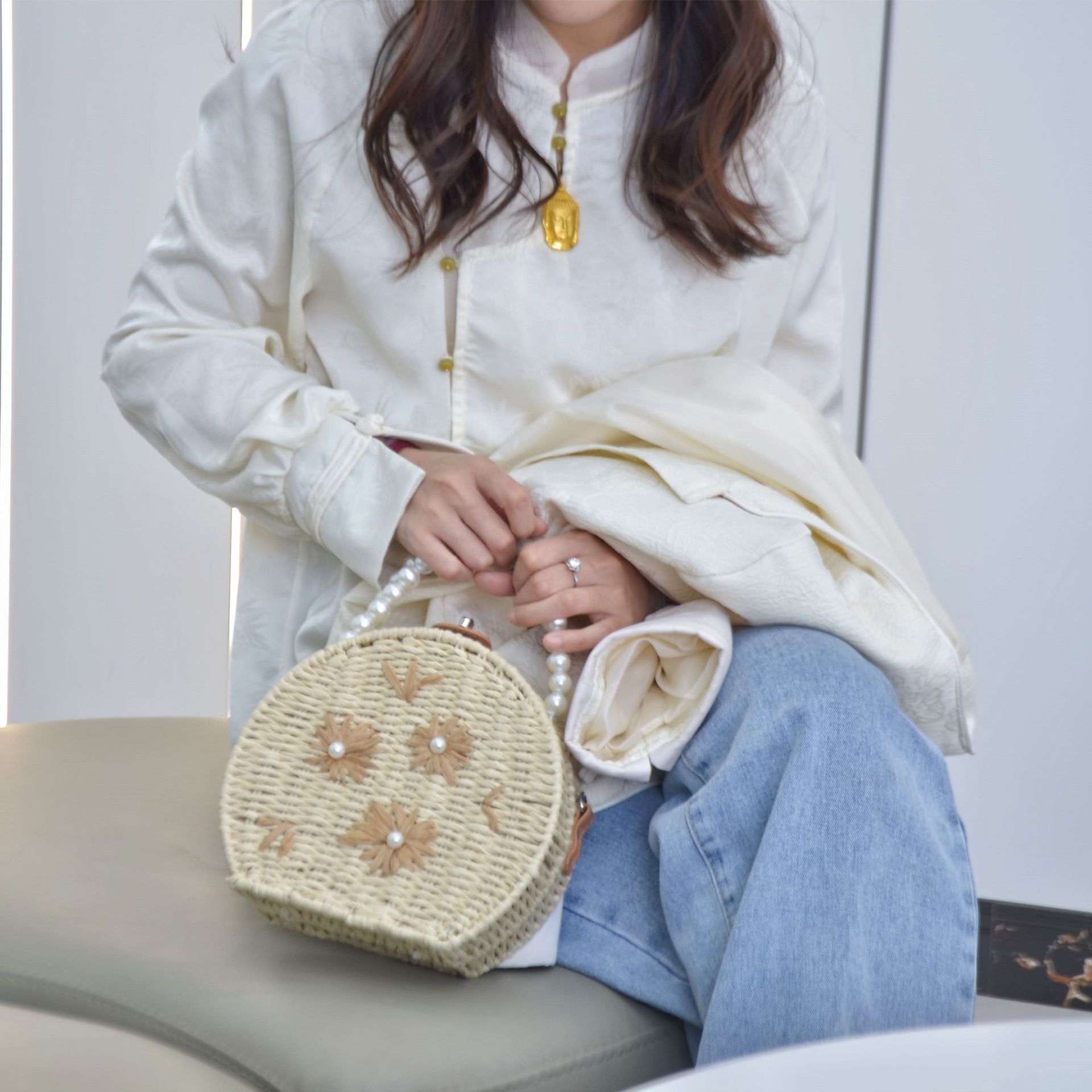 Artificial knitting of small croaks 2024, new pearls handbags, fashion girls' bags