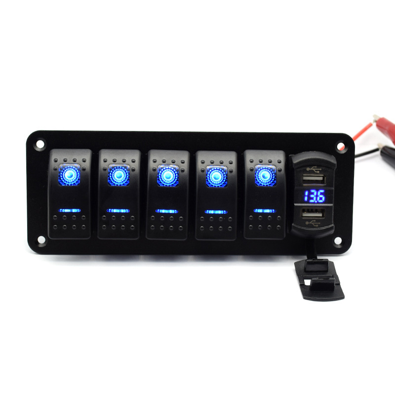 Automobile modification of 6-size switch panel with power source smoke and voltage table.