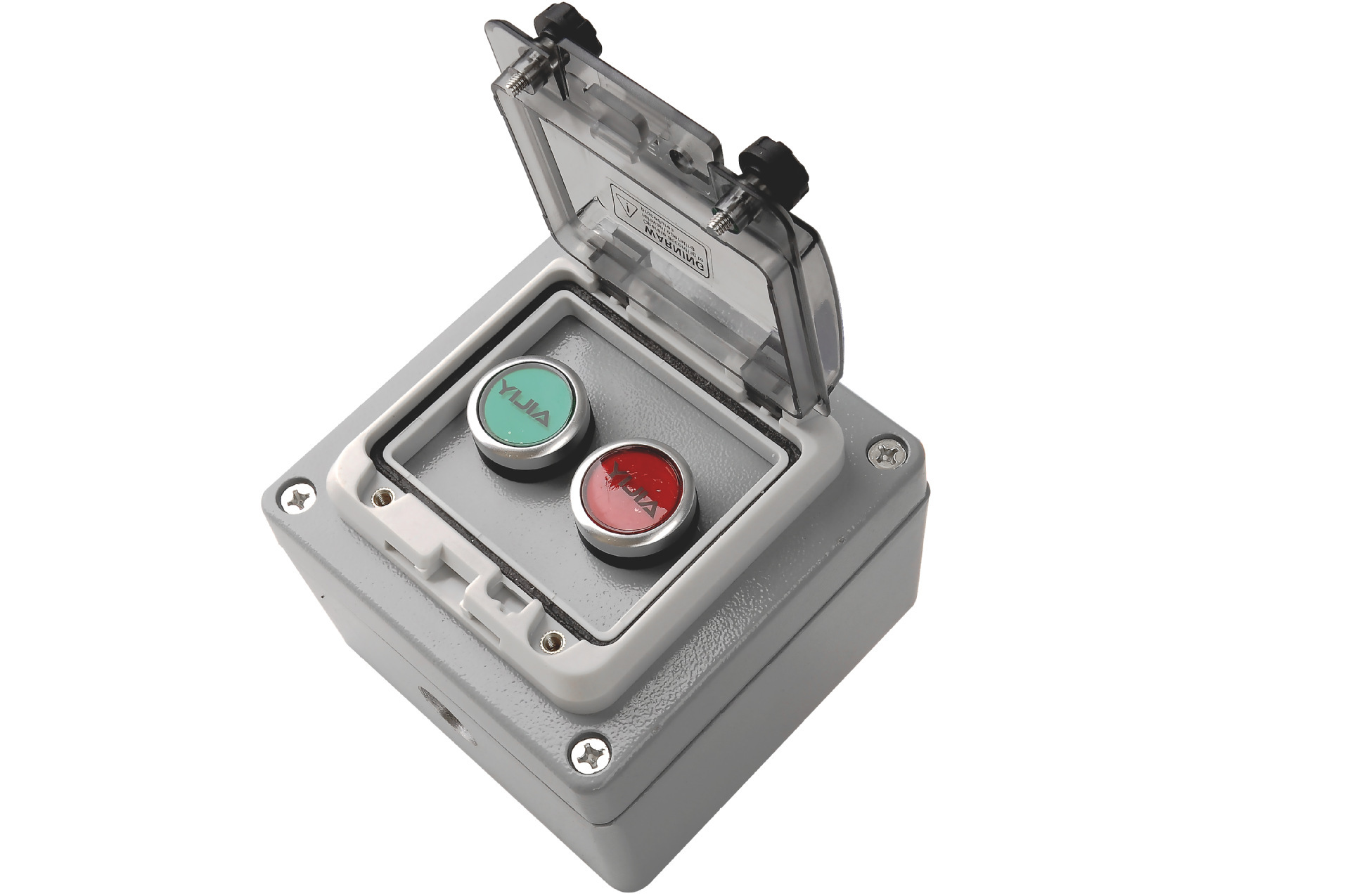 Outdoor waterproof switch activated stop button box.