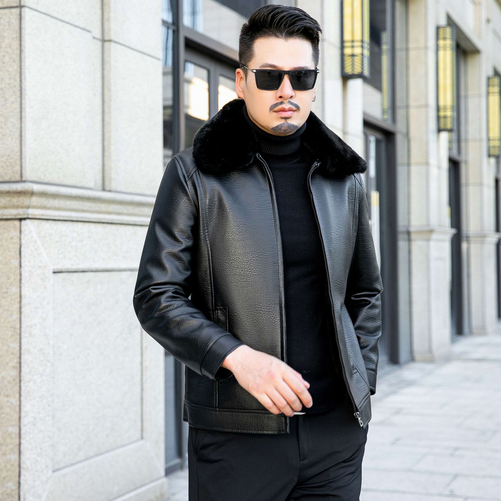 2023 new fur-collar man's leather jacket, old man with velvet jackets in the fall and winter.