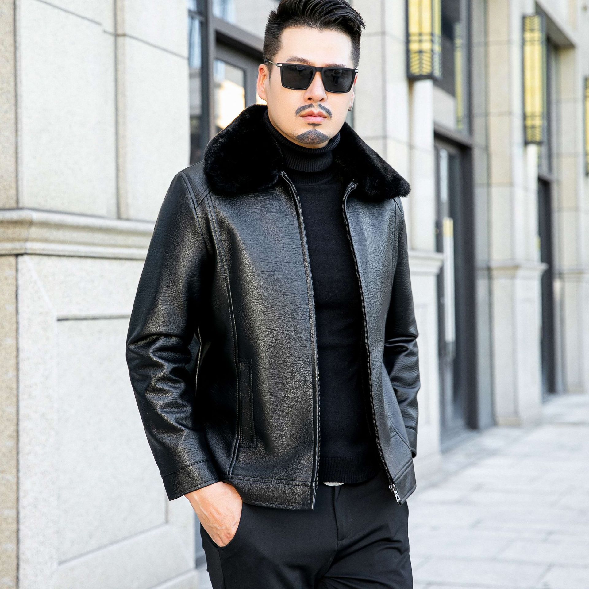 2023 new fur-collar man's leather jacket, old man with velvet jackets in the fall and winter.