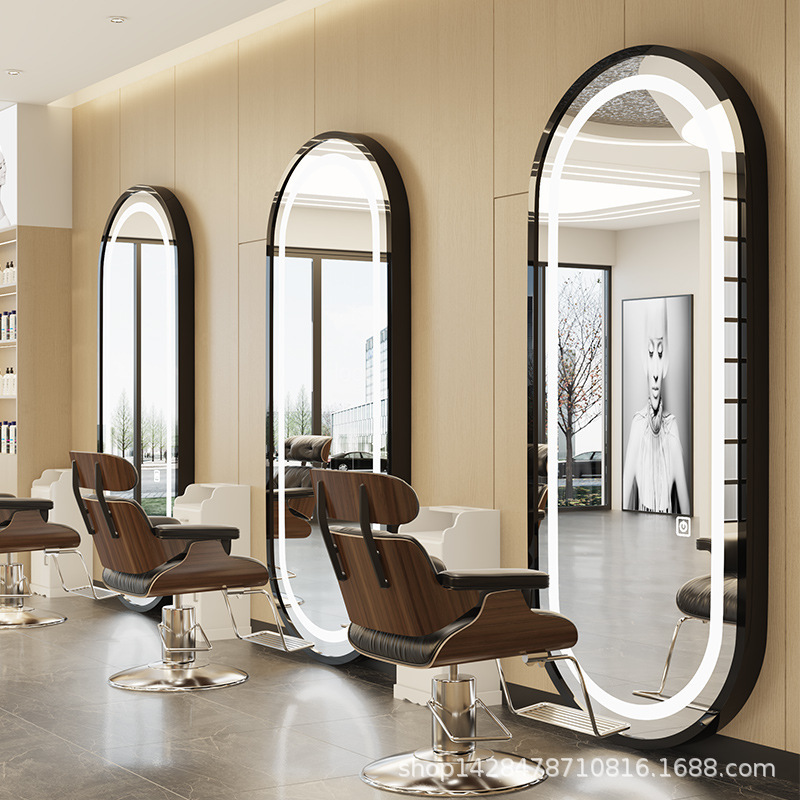 The hairdresser's mirror salon, with a red mirror, with a short walled LED mirror.