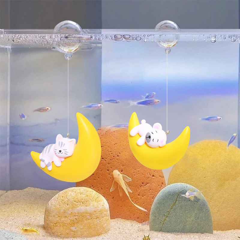 鱼缸造景月亮摆件悬浮猫咪微景观小水族箱创意卡通公仔海洋装饰品