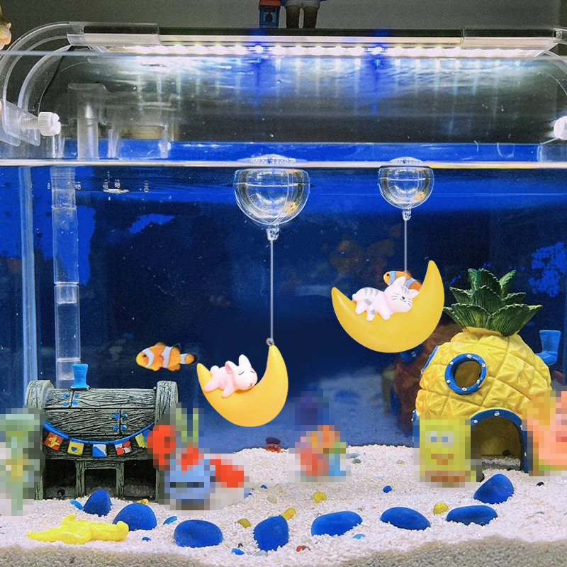 鱼缸造景月亮摆件悬浮猫咪微景观小水族箱创意卡通公仔海洋装饰品