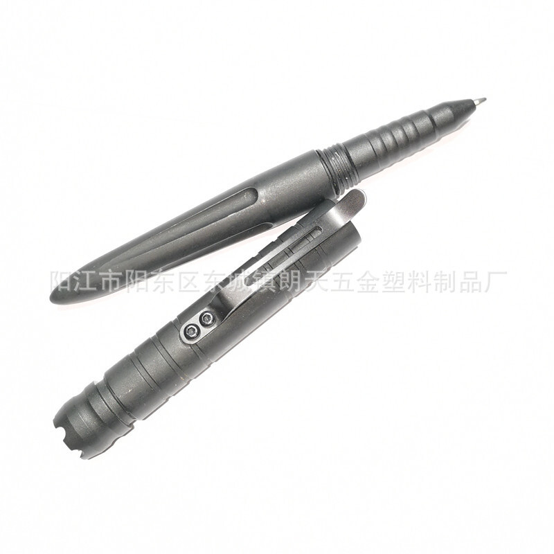 An outdoor multi-purpose tactical pen with a small flashlight with a live window breaker