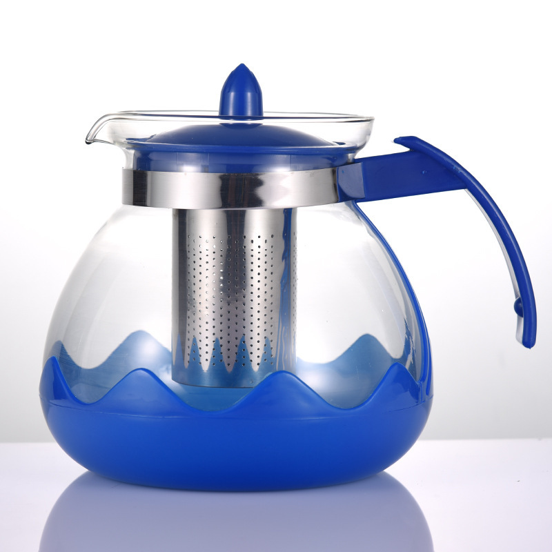 家用玻璃莲花茶壶 带过滤网日用泡茶壶1.5升货源彩色手柄1500ML