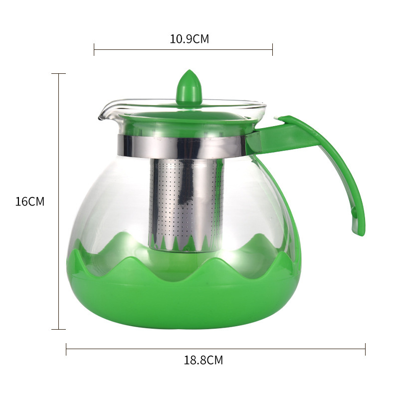 家用玻璃莲花茶壶 带过滤网日用泡茶壶1.5升货源彩色手柄1500ML