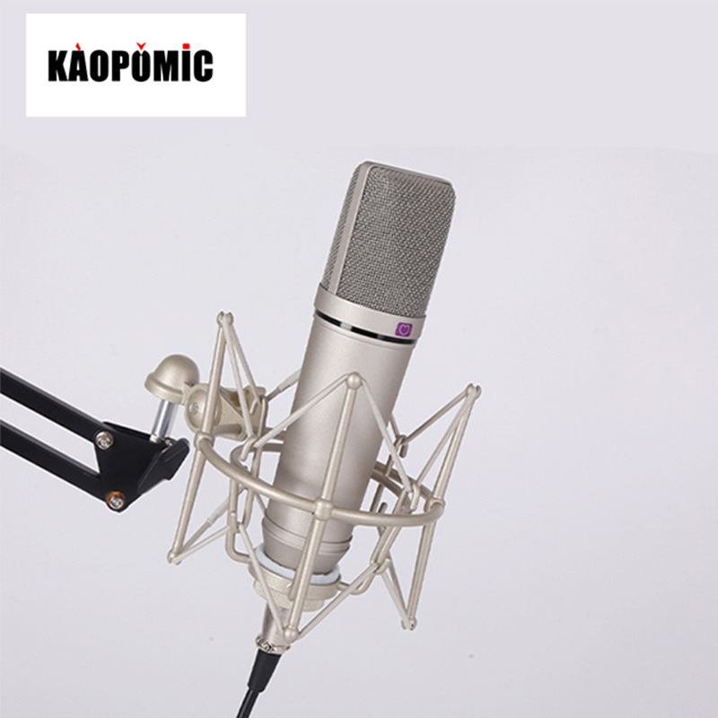 U87 live microphones, metal grinding gold handles, sound microphones in the studio.