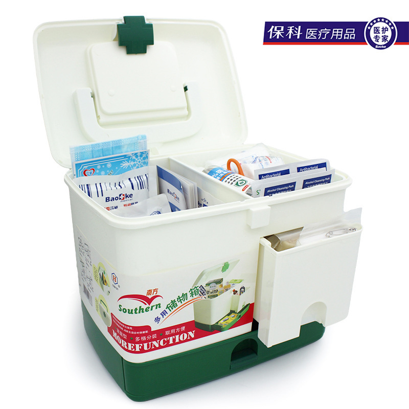 Emergency medical kit for home-based medical care for pharmaceutical products in the PEP-friendly multi-layered district of the ready-to-use home medicine