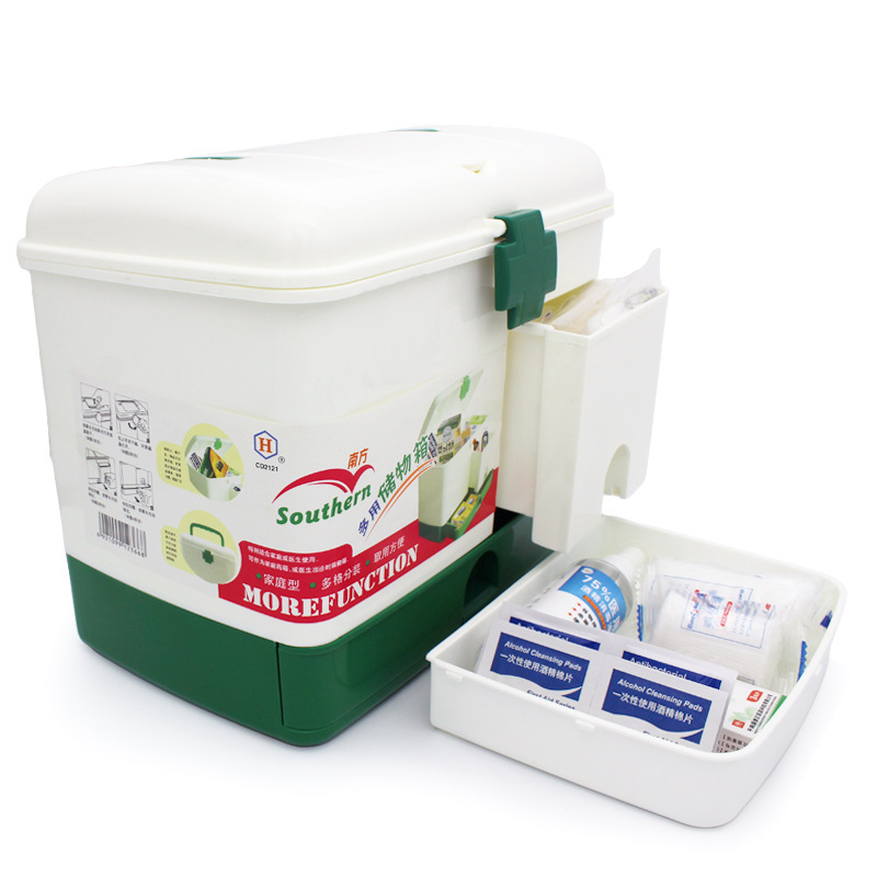 Emergency medical kit for home-based medical care for pharmaceutical products in the PEP-friendly multi-layered district of the ready-to-use home medicine