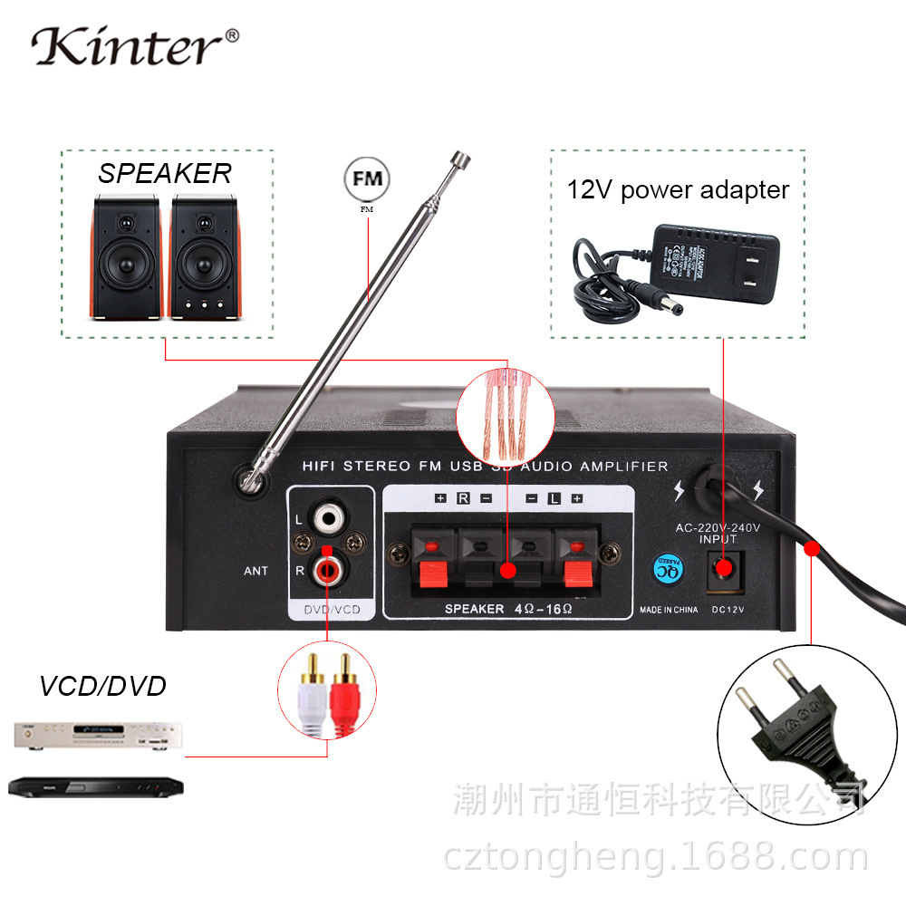 金特kinter-004A AC220V/DC12V家用戶外功放帶USB/SD/FM