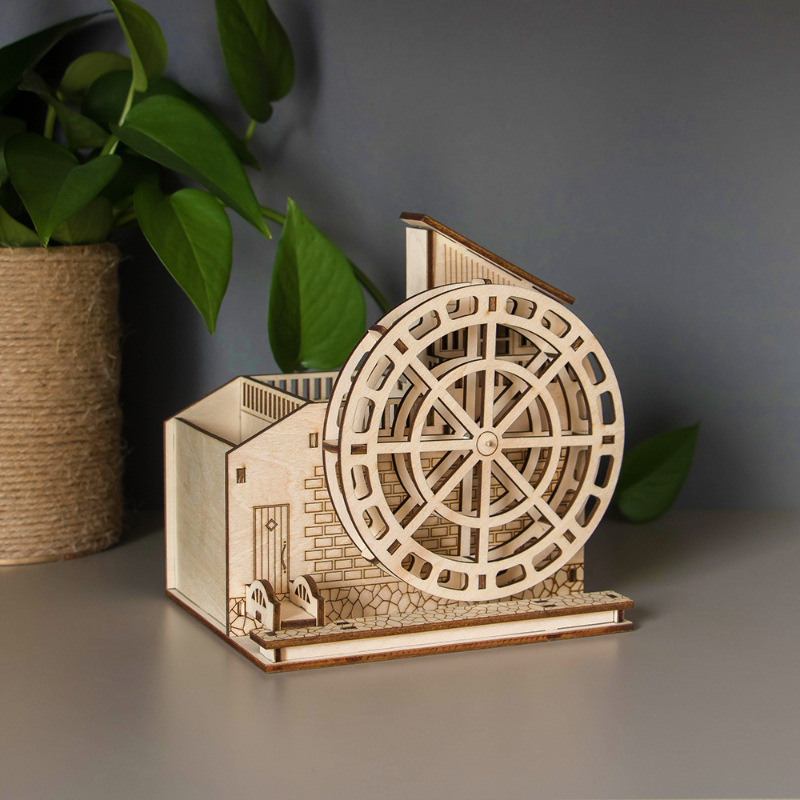 A receipt box for wooden pens, laser engraving of wood puzzle desktop decorations for windmills.