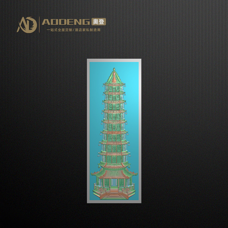 A wooden pagoda attic wall, home decorative mural art, laser engraving.