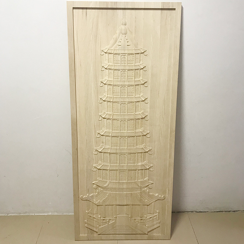 A wooden pagoda attic wall, home decorative mural art, laser engraving.