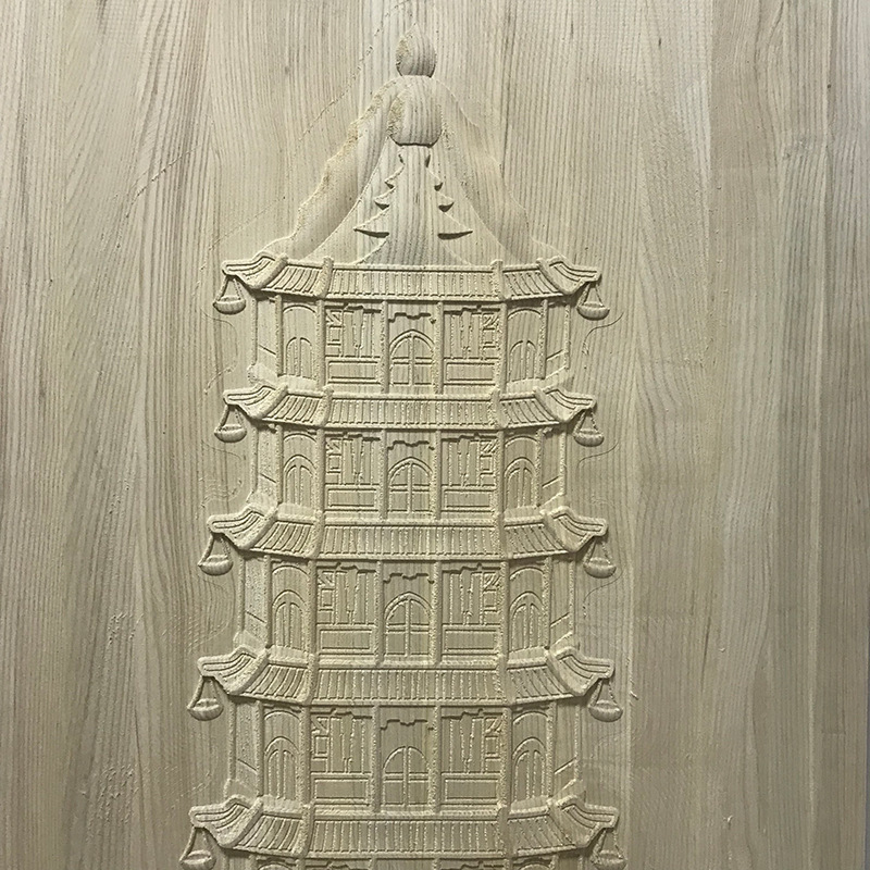 A wooden pagoda attic wall, home decorative mural art, laser engraving.