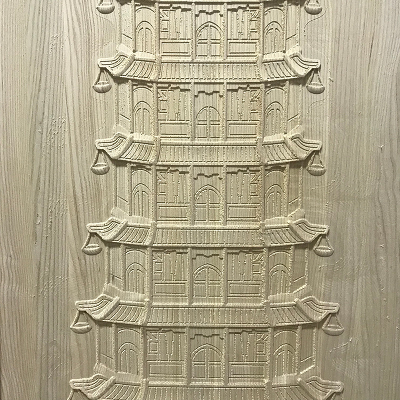 A wooden pagoda attic wall, home decorative mural art, laser engraving.