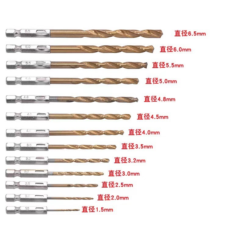 The manufacturer sold 13PC high-speed steel-plating titanium packs of 1.5-6.5 mm drills for six-angled pyrotechnics.