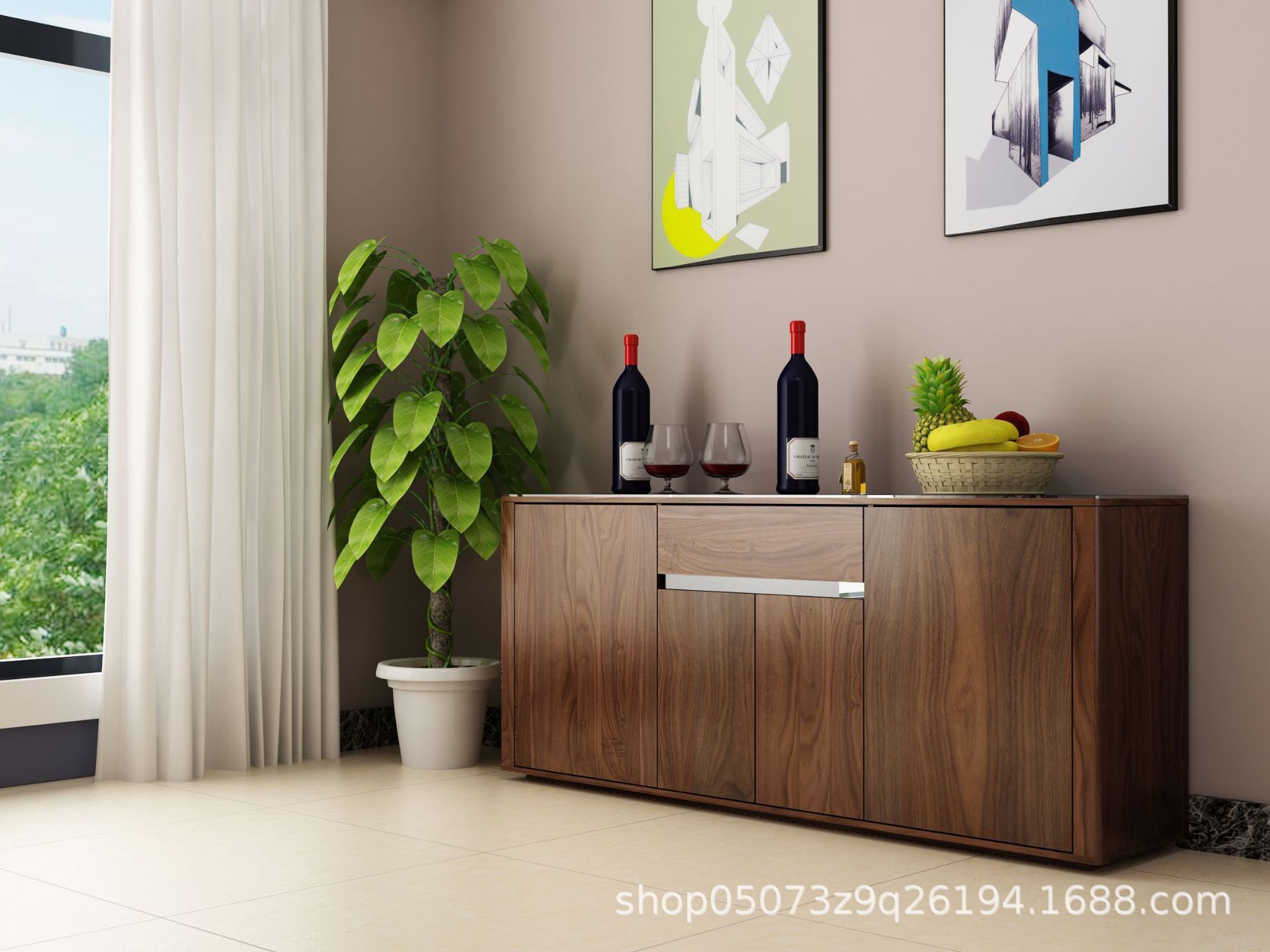 A Chinese walnut-side cabinet with a multi-purpose hyphenate display of a cupboard with tea and water.