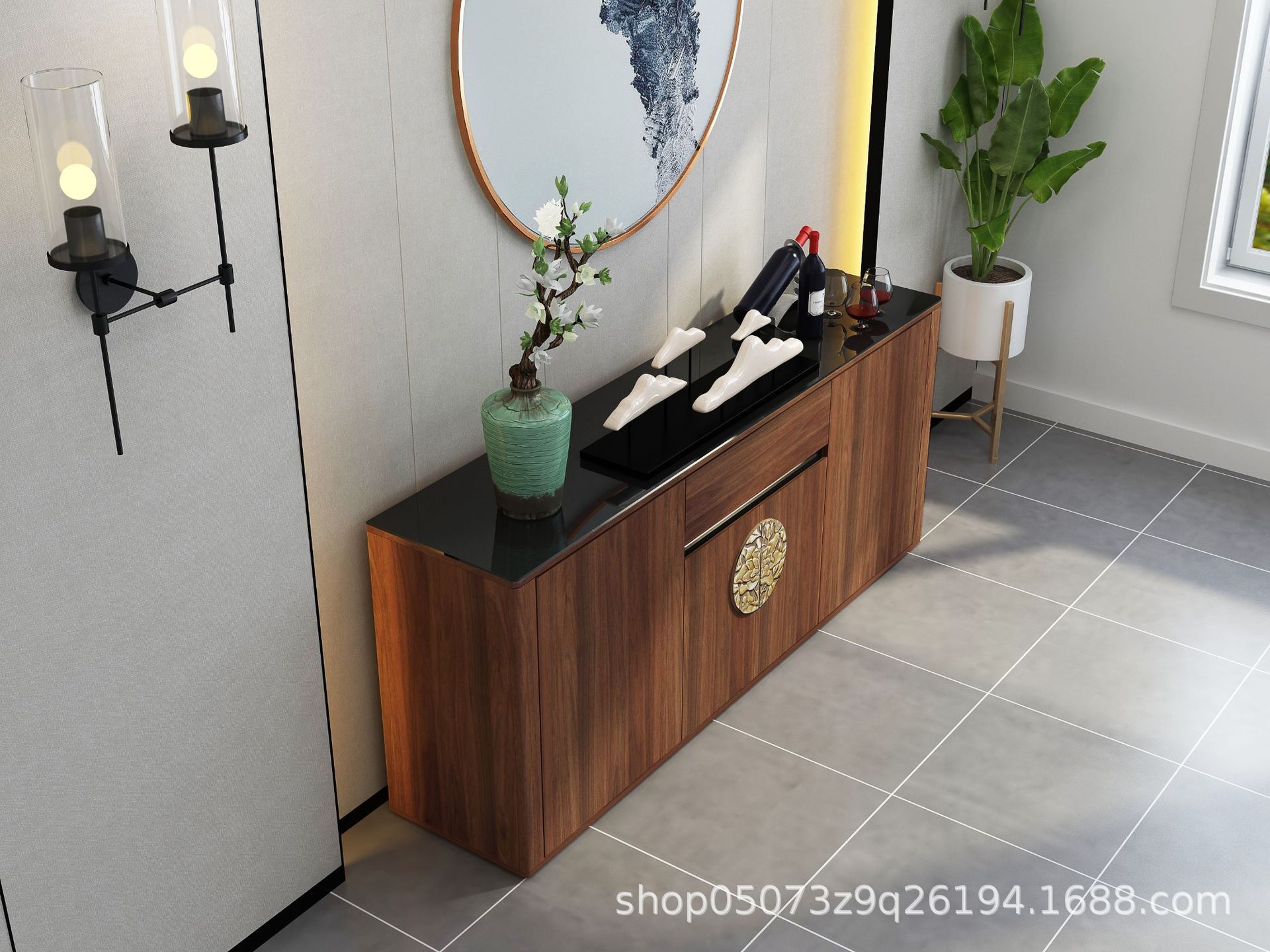 A Chinese walnut-side cabinet with a multi-purpose hyphenate display of a cupboard with tea and water.