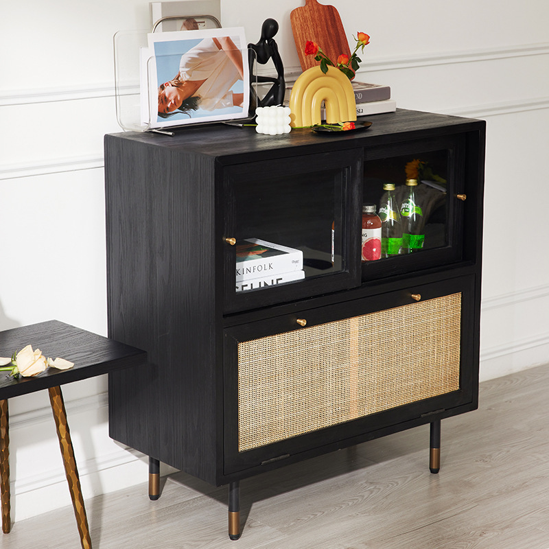 A modern cupboard of tea and water in a northern European luxurious wooden dining cabinet, one by the wall store.