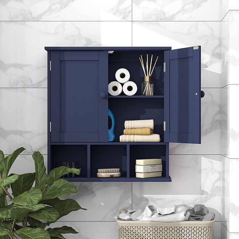 A white cabinet with many layers of wood on the wall of the cross-border bathroom.