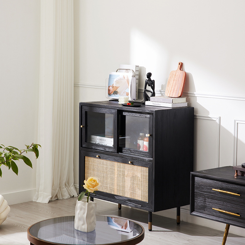 A modern cupboard of tea and water in a northern European luxurious wooden dining cabinet, one by the wall store.