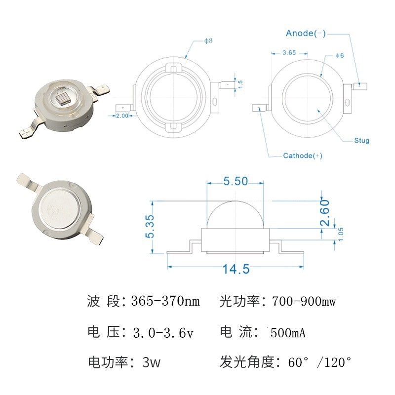 고성능 UV mimics는 365 nm 빛 구슬, 자외선 miviolet를 검출하기 위하여 양극 처리된 지도한 구슬을 모방합니다.