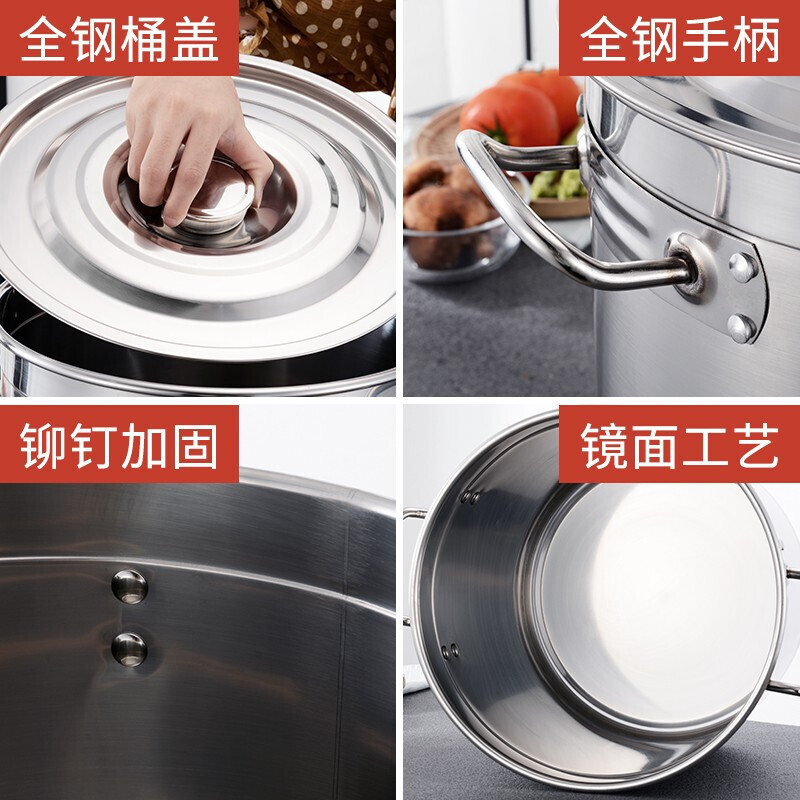 Cái chảo đựng súp thép không rỉ, xô đựng thức ăn gấp đôi, và phòng ăn với một xô súp được giới thiệu.