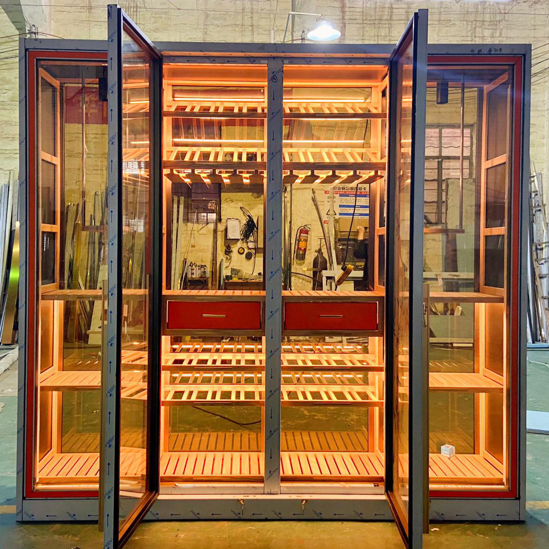 Customization of the wine cellar's commercial wine shelf glowing to show stainless steel hotness on the wall.