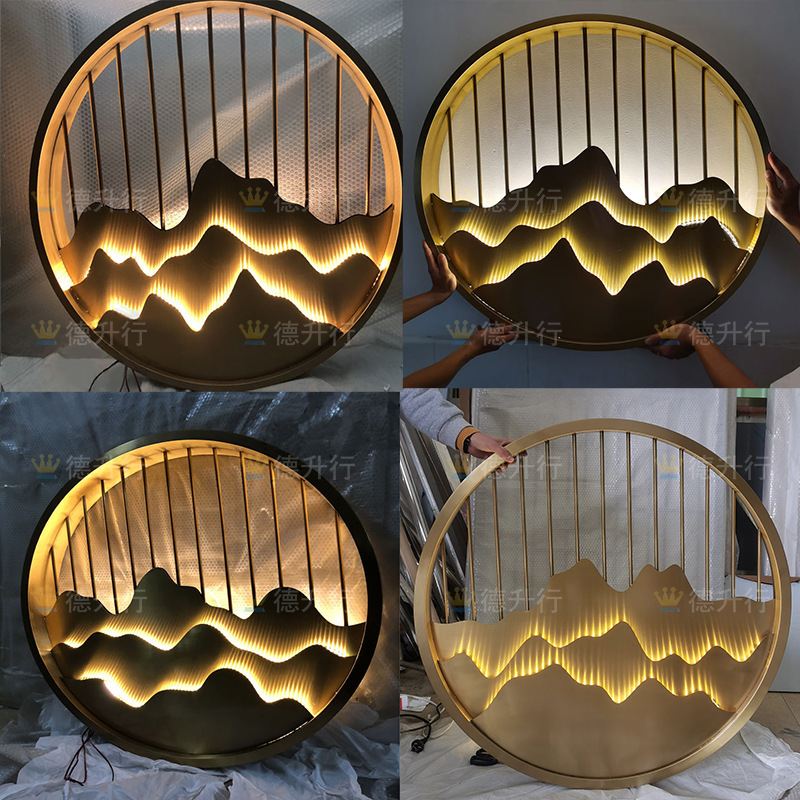 Monopolies with stainless steel round-shaped false mountain screens separated from the new Chinese titanium rose gold decorated background wall