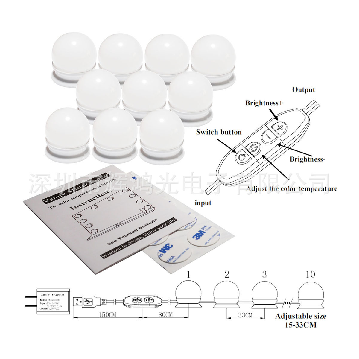 새로운 5V 거울 헤드라이트, LED 메이크업 램프, USB 3 색깔 거울 헤드라이트, 둥근 점화한 거울.