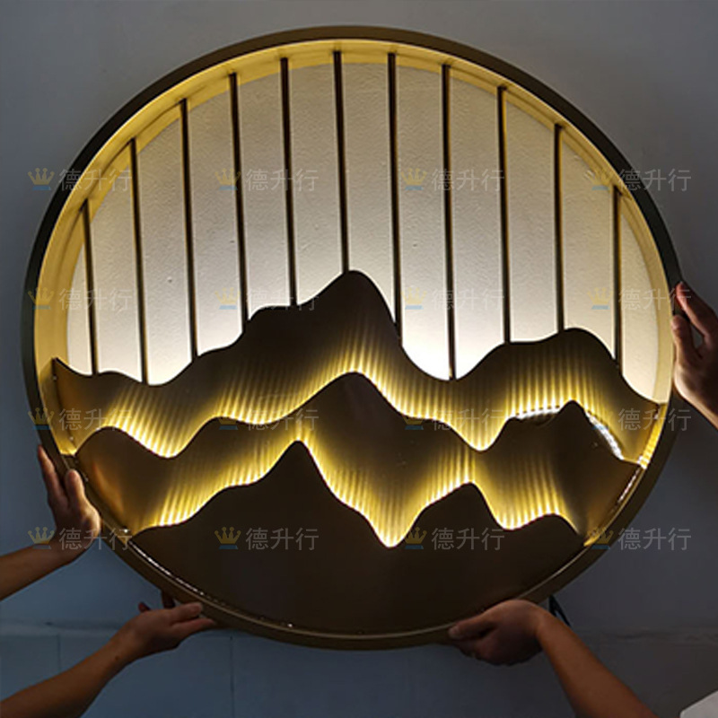 Monopolies with stainless steel round-shaped false mountain screens separated from the new Chinese titanium rose gold decorated background wall