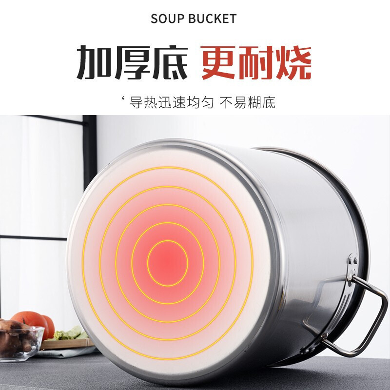 Cái chảo đựng súp thép không rỉ, xô đựng thức ăn gấp đôi, và phòng ăn với một xô súp được giới thiệu.