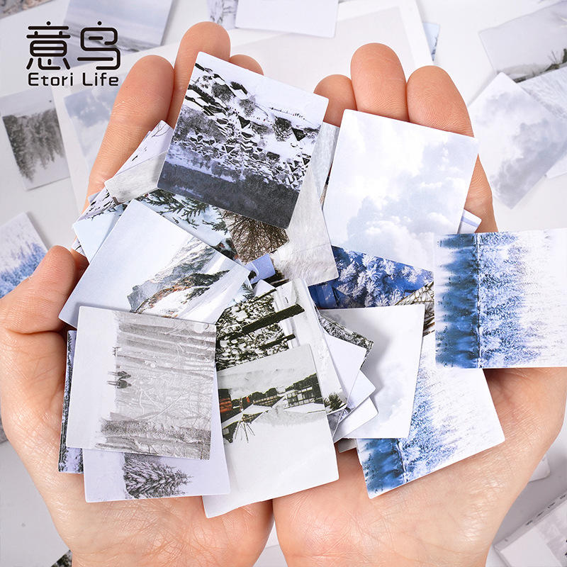 Một con chim, một hộp nhãn, một album trắng, một tài liệu nghệ thuật được trang trí, và một nhãn dán.