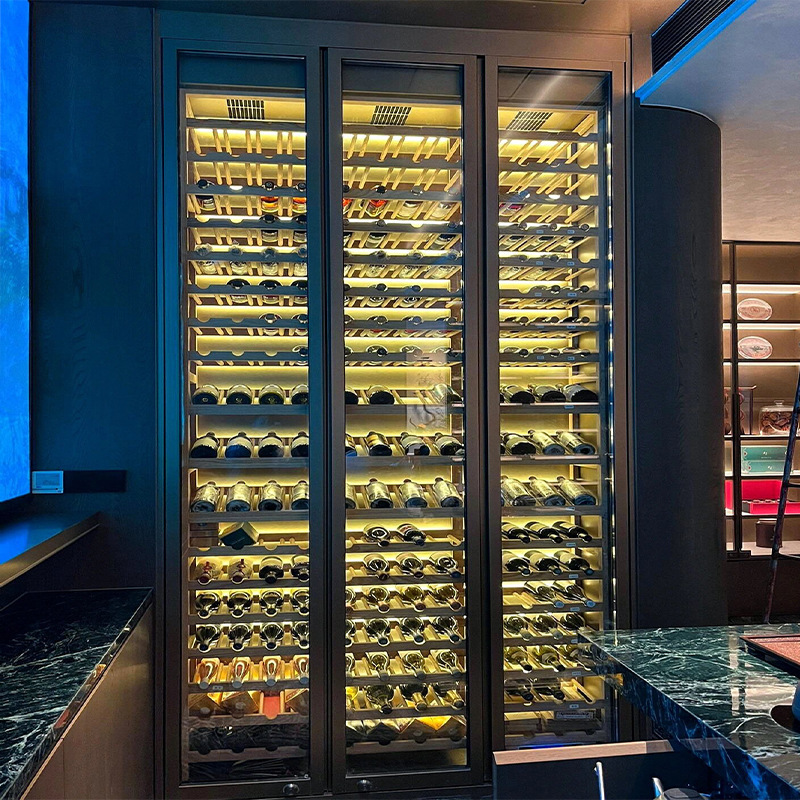 Customization of the wine cellar's commercial wine shelf glowing to show stainless steel hotness on the wall.