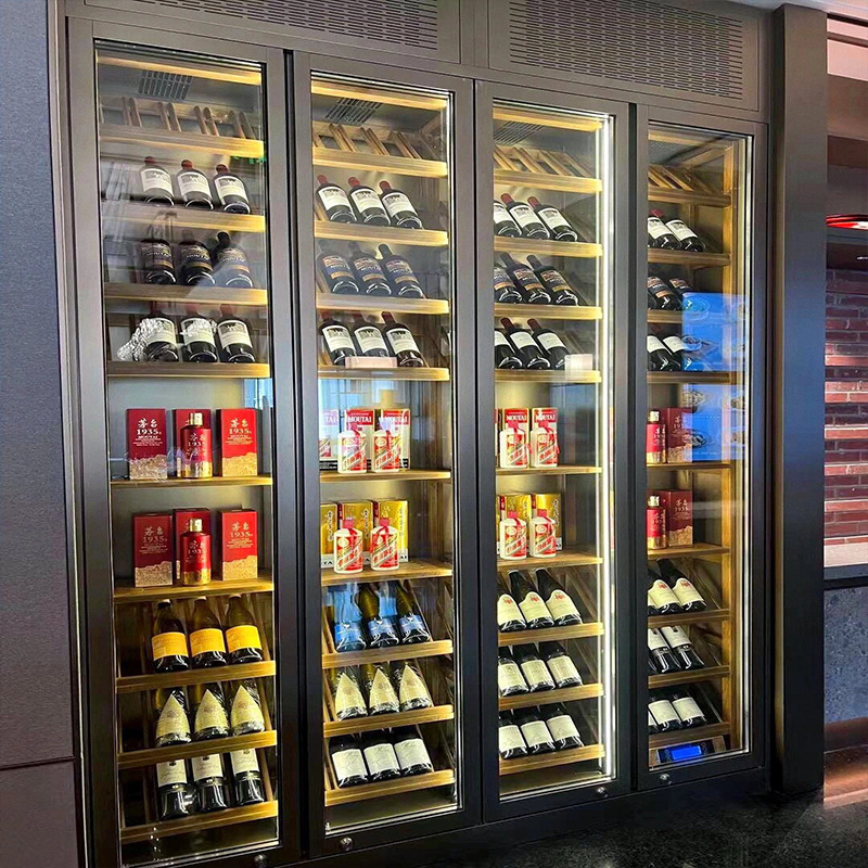 Customization of the wine cellar's commercial wine shelf glowing to show stainless steel hotness on the wall.