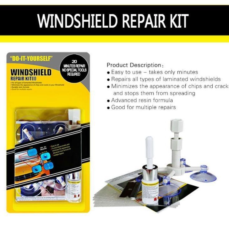 Vehicle glass repair tool, windshield repair kit, car glass repair fluid.